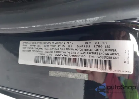 2010 Volkswagen New Beetle 2.5L from USA, damaged, VIN 3VWRW3AL7AM002890